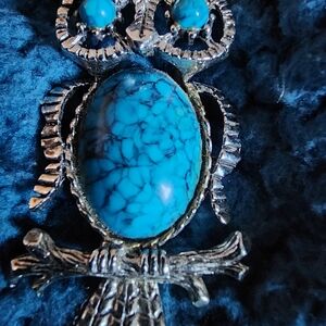 Charming Silver and Turquoise Owl Brooch